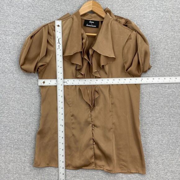 Dennis Basso Blouse Womens Extra Small Brown Silky Button Up Long Sleeve Ruffle - Picture 10 of 13